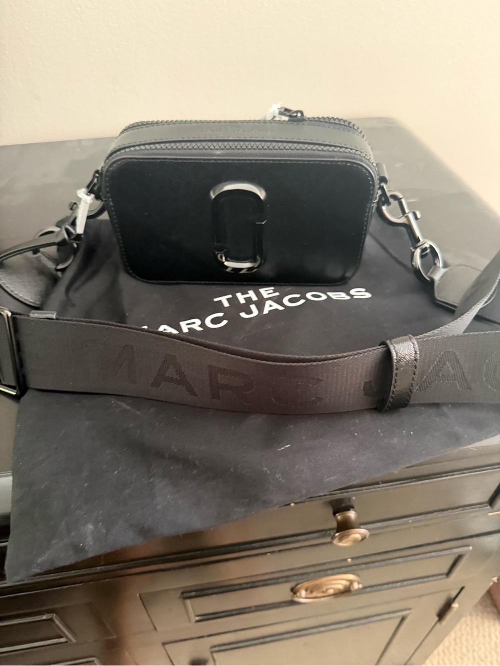 Marc Jacobs Black Leather Snapshot Camera Bag with Wide Logo Strap